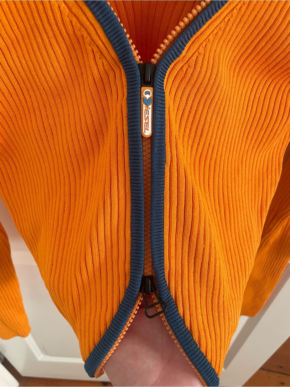 Diesel Orange Ribbed Zip Top with Navy Trim - Picture 2 of 9